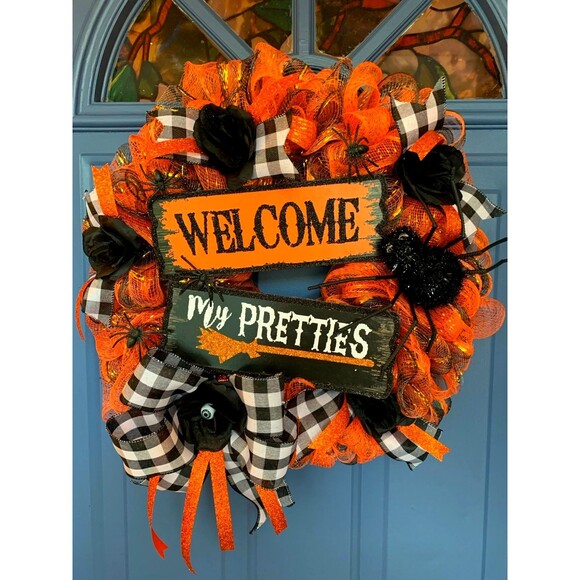 Welcome My Pretties Halloween Wreath 22" Lighted Orange Black Mesh Decor - Picture 1 of 2